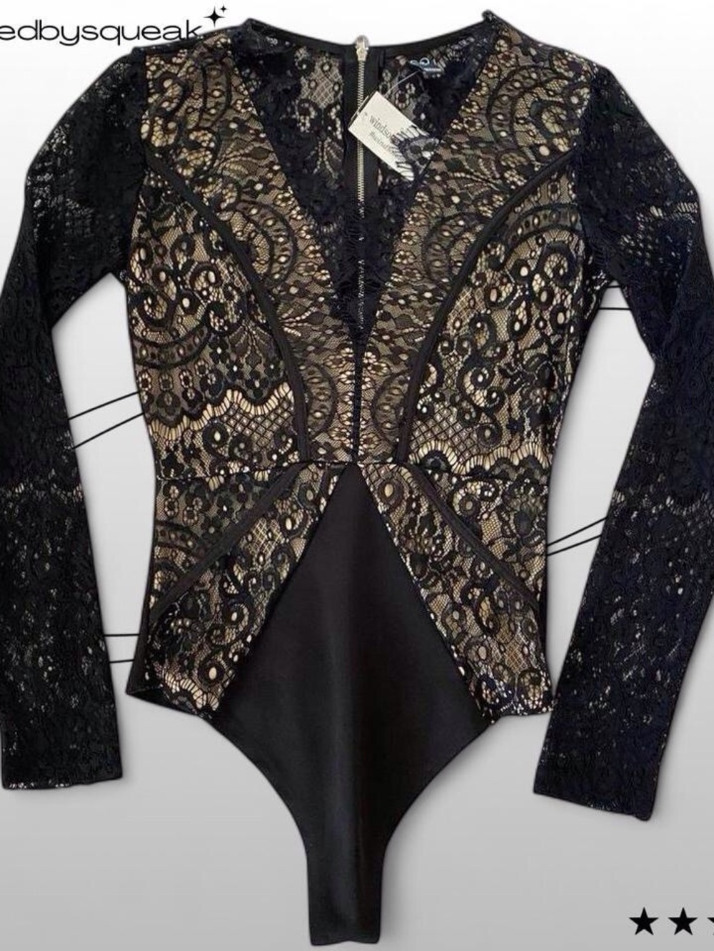 Windsor black bodysuit top sheer lace long sleeve whimsigoth witchy small
